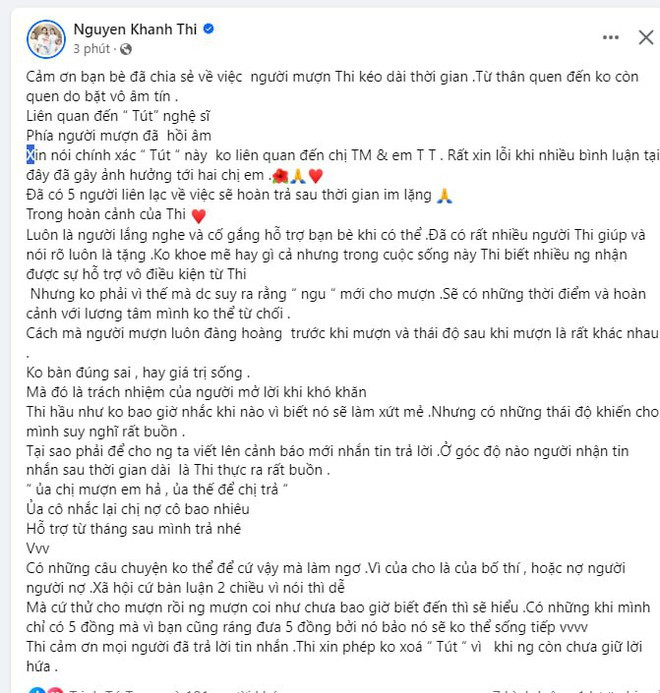Bài đăng xin lỗi của Khánh Thi trước đó 
