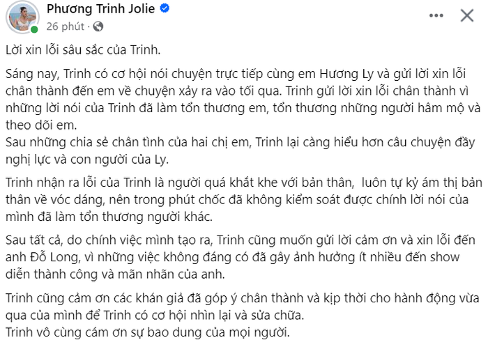 Phương Trinh Jolie gửi lời xin lỗi chân thành đến Hương Ly sau ồn ào vạ miệng.