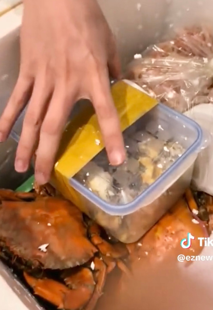 Bên trong thùng đồ ăn, bố mẹ đã gửi biết bao nhiêu thịt, tôm, cua, cá...