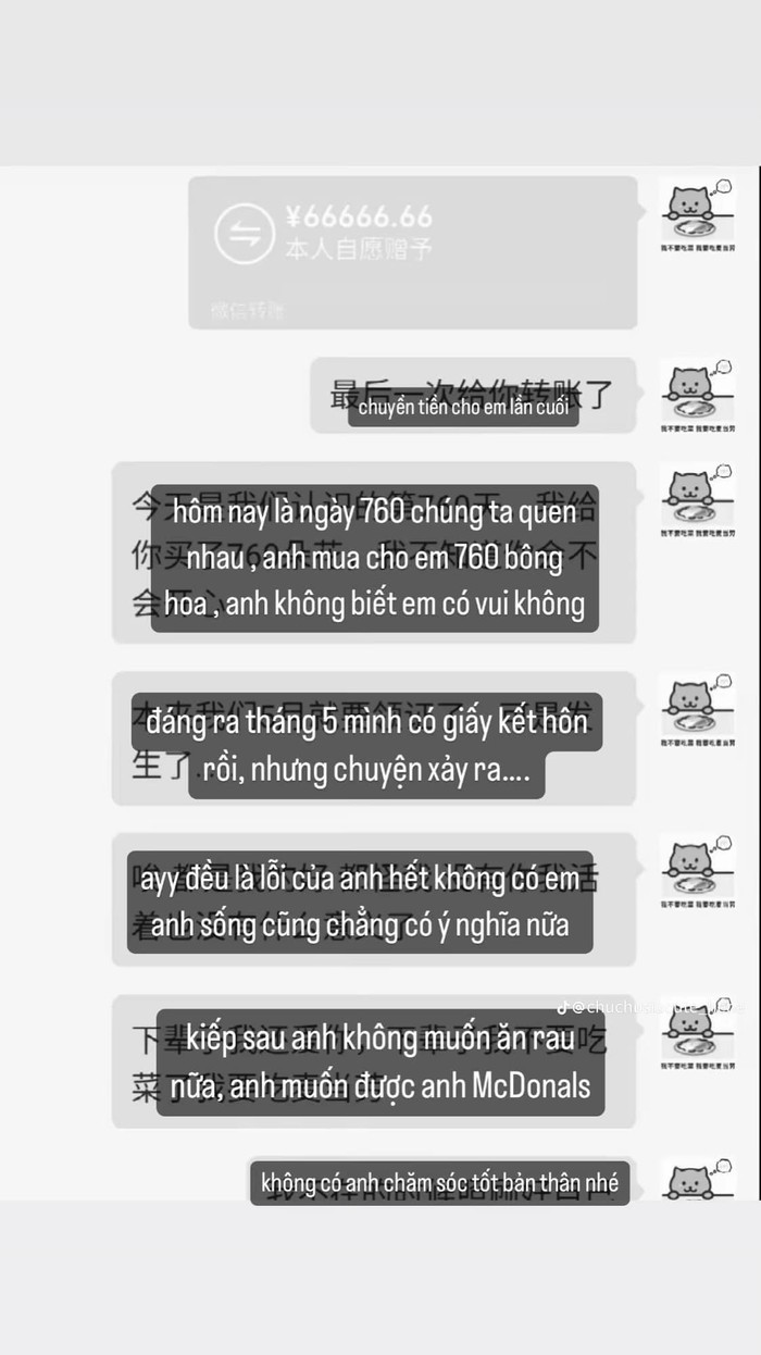 Trước khi nhảy cầu, Mèo Béo đã đặt 60 bông hoa, tượng trưng cho 760 ngày yêu nhau, và chuyển khoản 66,666 NDT (khoảng 239 triệu) cho bạn gái với lời nhắn rằng đây là “tự nguyện chuyển”.