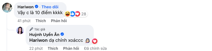 Hari Won hào hứng tương tác, cho biết bản thân được 10 điểm, có thể 'điểm tựa' mà cô nói chính là Trấn Thành. 