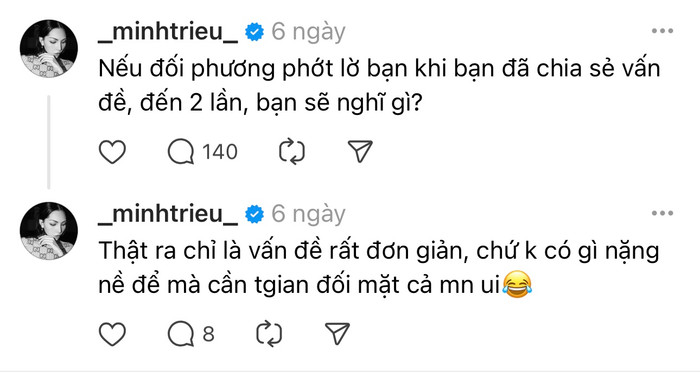 Minh Triệu từng ẩn ý về việc chia sẻ vấn đề và tiết lộ cần thời gian để đối mặt. 