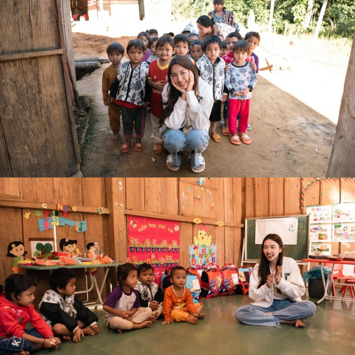 Thùy Tiên ấm lòng vì ở trong điều kiện khó khăn vẫn thấy các bé cố gắng và nỗ lực từng ngày. Ảnh: Giáo dục và thời đại