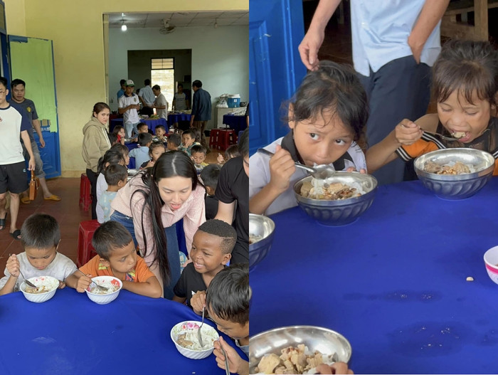 Thùy Tiên cùng team Châu Phi thực hiện bữa ăn và trao quà đến cho các bé vùng cao. Ảnh: FBNV