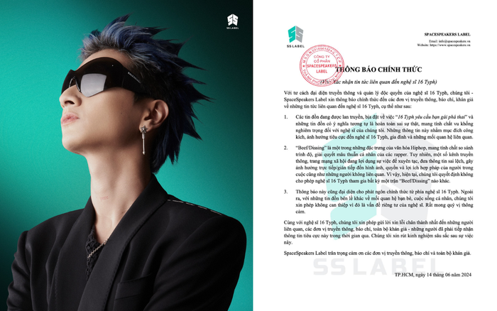 Phía công ty quản lýđã đưa ra thông báo chính thức giữa lùm xùm của rapper 16 Typh. Ảnh: SS Label
