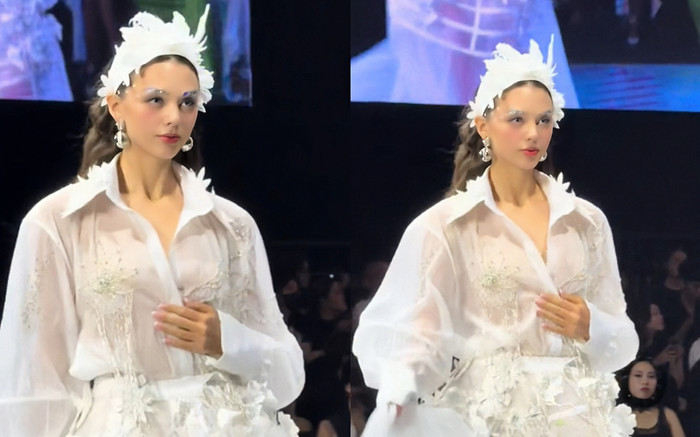 Bà xã Bùi Tiến Dũng bung cúc áo khi catwalk, vội xử lý tinh tế Ảnh 2