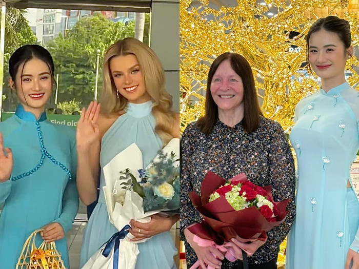 Hoa hậu Ý Nhi hai lần diện áo dài trong buổi tiếp đón những nhân vật quan trọng của Miss World.