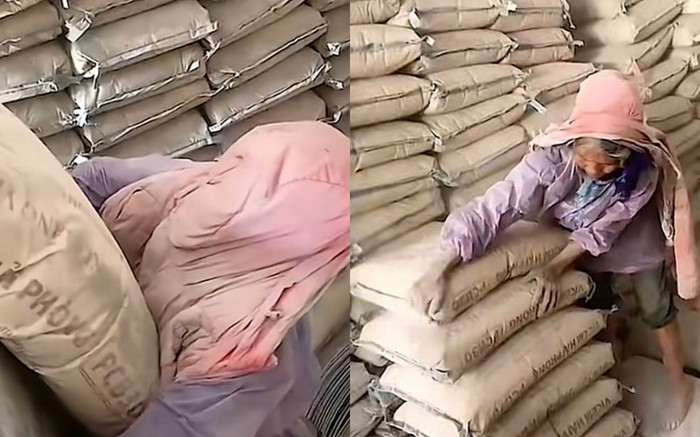 Xúc động hình ảnh bà cụ 60 tuổi vác từng bao xi măng lớn kiếm tiền mưu sinh Ảnh 2
