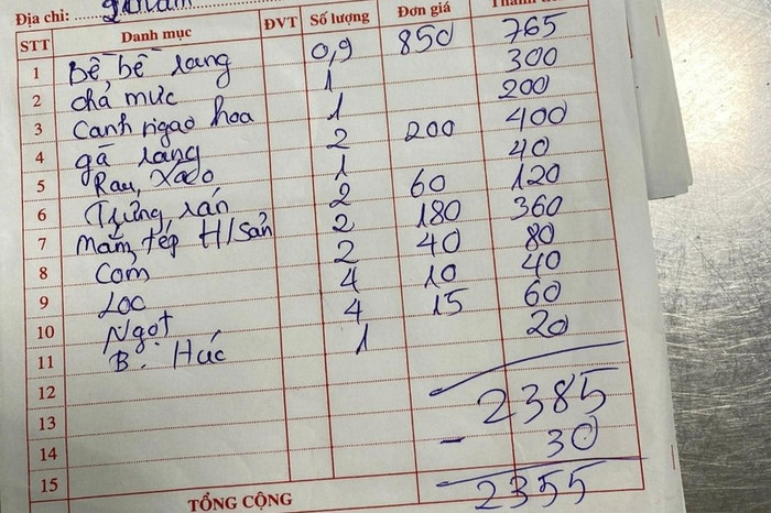 Hoá đơn bữa ăn của đoàn khách