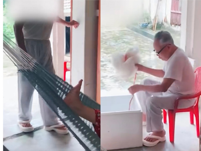 Ông bố mang đôi dép đi vòng vòng trong nhà bất chấp sự phản đối của bà cụ.