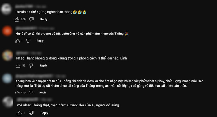 Khán giả để lại bình luận tích cực dưới ca khúc mới của Thắng.