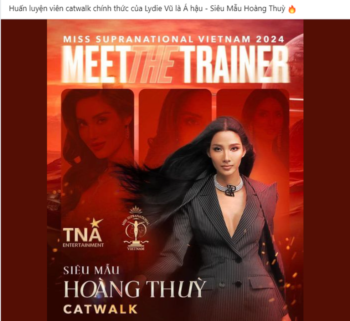 Hoàng Thùy đảm nhiệm vai trò huấn luyện viên catwalk của Lydie Vũ tại Miss Supranational 2024.