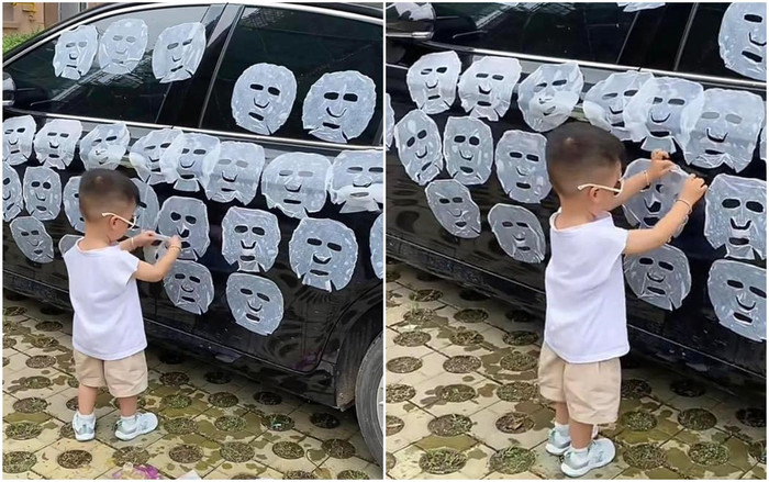 Cậu bé xé hết mặt nạ của mẹ rồi dán lên xe hơi