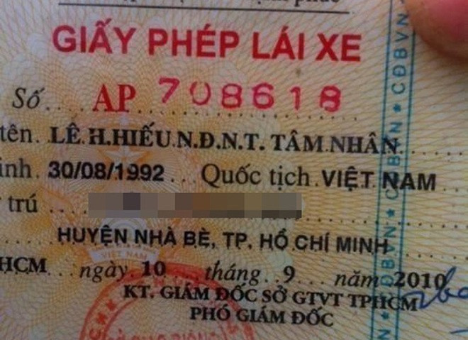 Giấy phép lái xe của Tâm Nhân