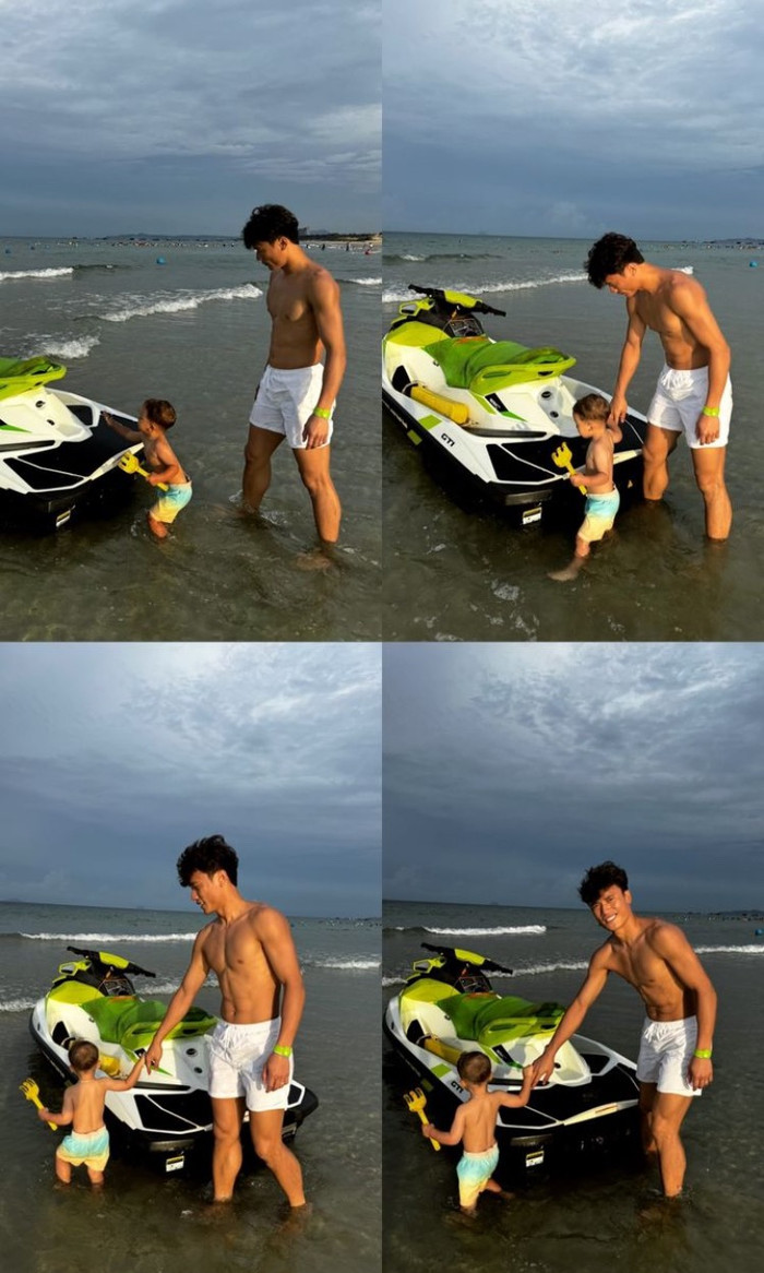 Vui chơi cùng con trai trên biển, Bùi Tiến Dũng gây chú ý với vóc dáng săn chắc, cơ bụng 6 múi.