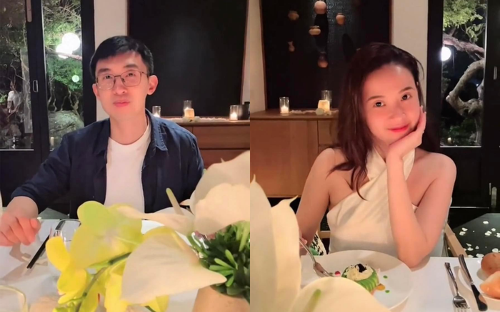 Midu và chồng tận hưởng bữa tiệc lãng mạn trong tuần trăng mật. Ảnh: FBNV