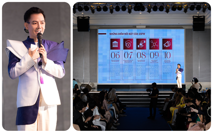 Chủ tịch Global Student Fashion Week - Lê Trần Đắc Ngọc phát biểu tại sự kiện giới thiệu.