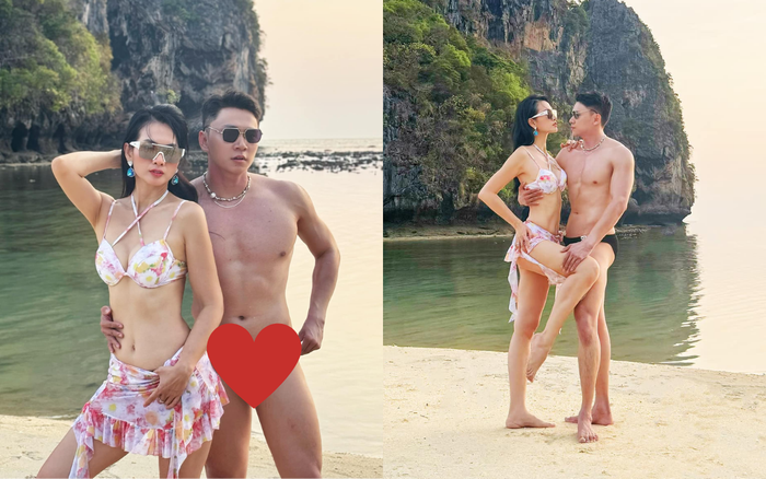 Anh Thư thoải mái diện đồ bơi hai mảnh, được chàng trai trẻ nhiệt tình phối hợp tạo ra những khoảnh khắc 'sống ảo' đẹp mắt. Ảnh: FBNV
