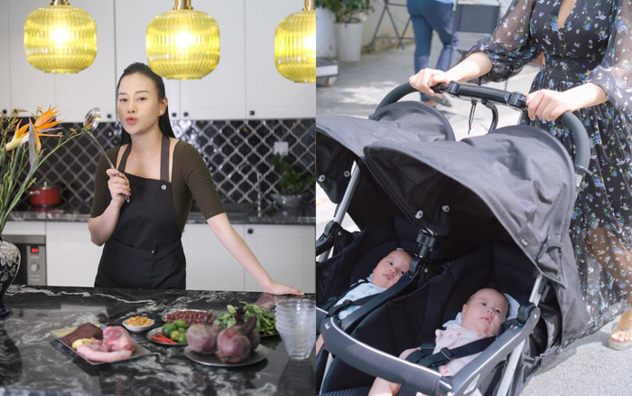 Phương Oanh thoải mái dùng xe đẩy đưa các con đi chơi sau khi hoàn thành công việc. Ảnh: FBNV