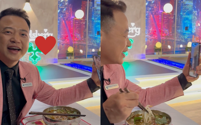 Shark Bình nở nụ cười đầy hạnh phúc khi tranh thủ vừa ăn, vừa gọi cho Phương Oanh và các con. Ảnh: Chụp màn hình