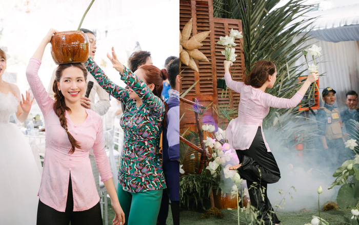 Hoà Minzy diện áo bà ba, vui chơi 'quên lối về' trong đám cưới của Puka diễn ra vào tháng 11 năm ngoái. Ảnh: FBNV
