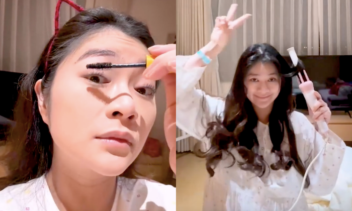 Nữ diễn viên tranh thủ trang điểm, làm tóc để ghi lại khoảnh khắc đặc biệt này. 