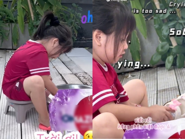 Con gái Ngọc Trinh chăm chỉ làm việc giúp Ngọc Trinh. Ảnh chụp màn hình