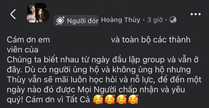 Hoàng Thùy gửi lời cảm ơn một hội nhóm nhan sắc hậu ồn ào.