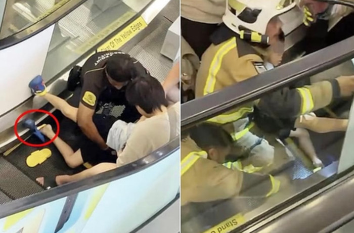 Thót tim khoảnh khắc giải cứu bé trai 9 tuổi kẹp chân vào thang cuốn do đôi dép cao su Ảnh 1