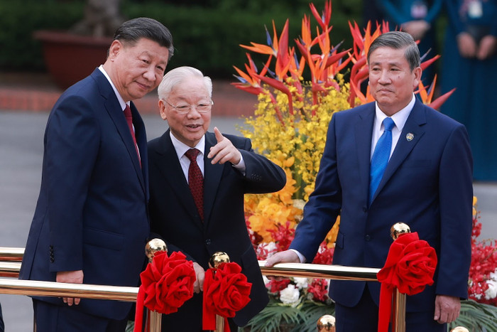 Tổng Bí thư Nguyễn Phú Trọng đón Tổng Bí thư, Chủ tịch Trung Quốc Tập Cận Bình tại Phủ Chủ tịch, thủ đô Hà Nội, ngày 12/12/2023.