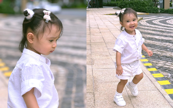 Trong những hình ảnh mới nhất của con gái Bảo Anh, netizen đặc biệt chú ý đến dây buộc tóc và kẹp nơ dễ thương gắn trên mái tóc của nhóc tỳ. Ảnh: FBNV