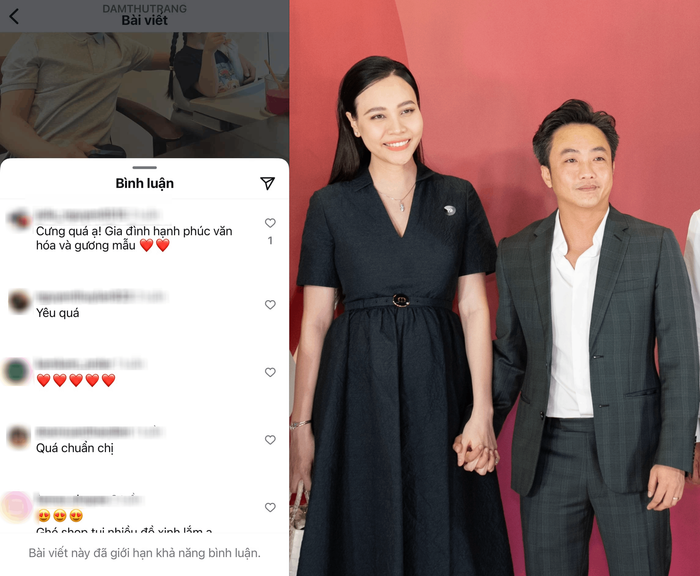 Đàm Thu Trang và Cường Đô La khóa bình luận trên Instagram. 