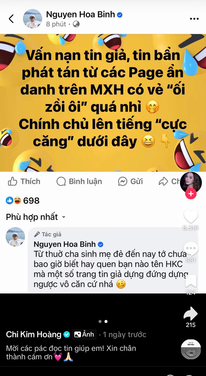 Hoàng Kim Chi chia sẻ bài viết phủ nhận quen biết của Shark Bình.