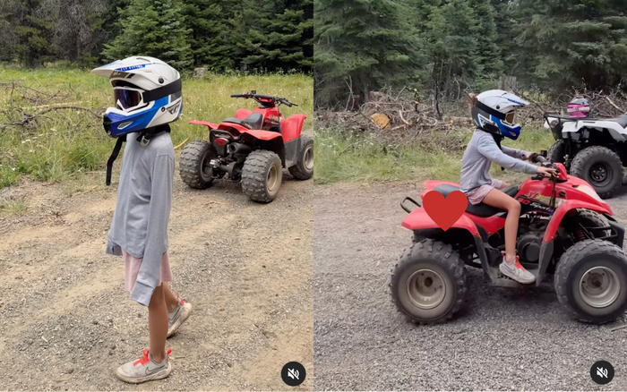 Tăng Thanh Hà chuẩn bị mũ bảo hiểm, áo chống nắng và giày cẩn thận cho con để nhóc tỳ thoải mái lái xe motor. Ảnh: Chụp màn hình