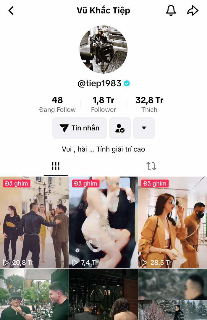 Vũ Khắc Tiệp ghim 3 video quay chung với Ngọc Trinh trên trang TikTok cá nhân.