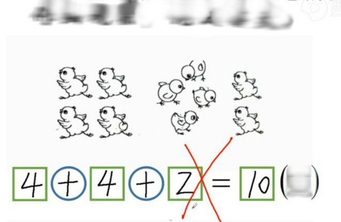 Bài toán tiểu học '4 + 4 + 2 = 10' bị cô giáo chấm sai