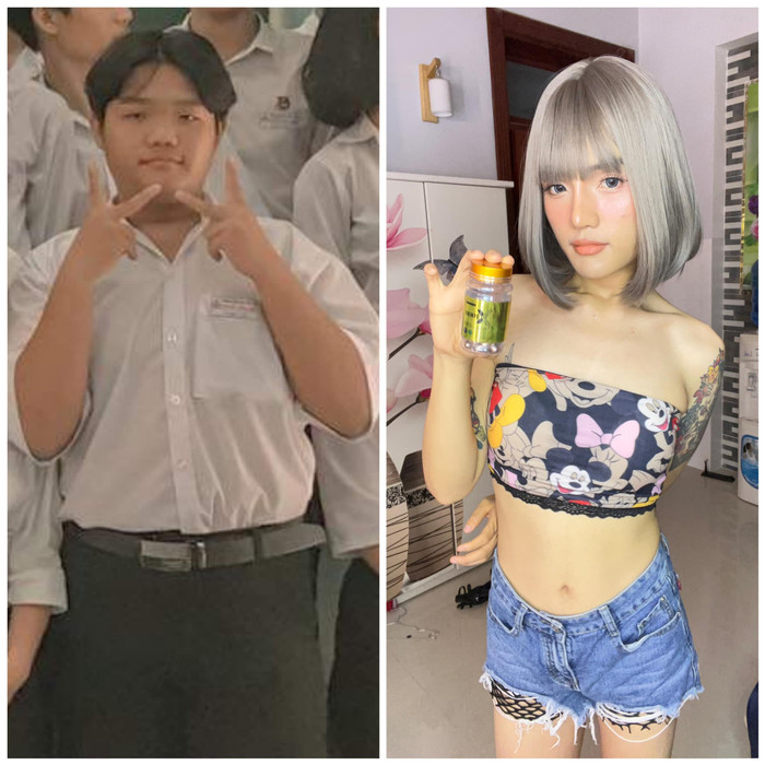 Hình ảnh trước đây và sau khi chuyển giới của em trai Ngân 98. Có thể thấy, thời gian đầu khi mới công khai chuyện giới tính, các đường nét trên gương mặt Phương Anh vẫn chưa được mềm mại