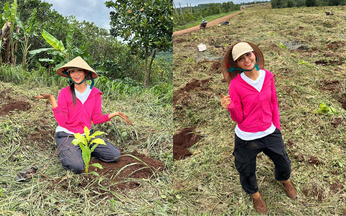 H'Hen Niê thoải mái diện trang phục xuề xoà, rộng tãi để trồng cà phê. Ảnh: FBNV