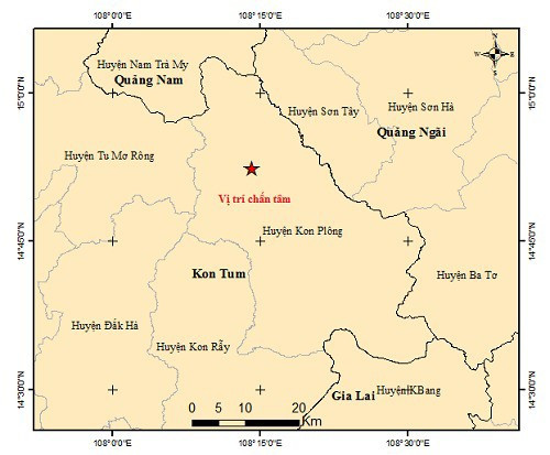 Tâm chấn trận động đất sáng 29/7 ở Kon Tum