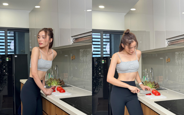 Kỳ Duyên thường xuyên tự nấu ăn tại nhà. Ảnh: FBNV
