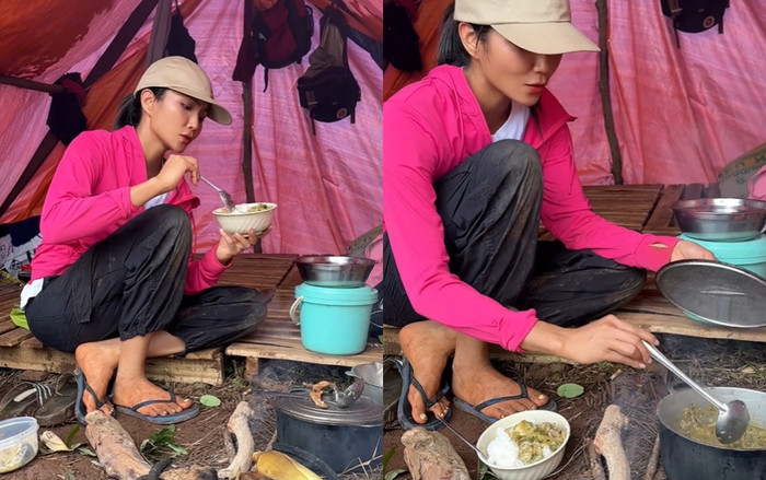 H'Hen Niê thích thú với những bữa ăn đạm bạc tại quê nhà. Ảnh chụp màn hình