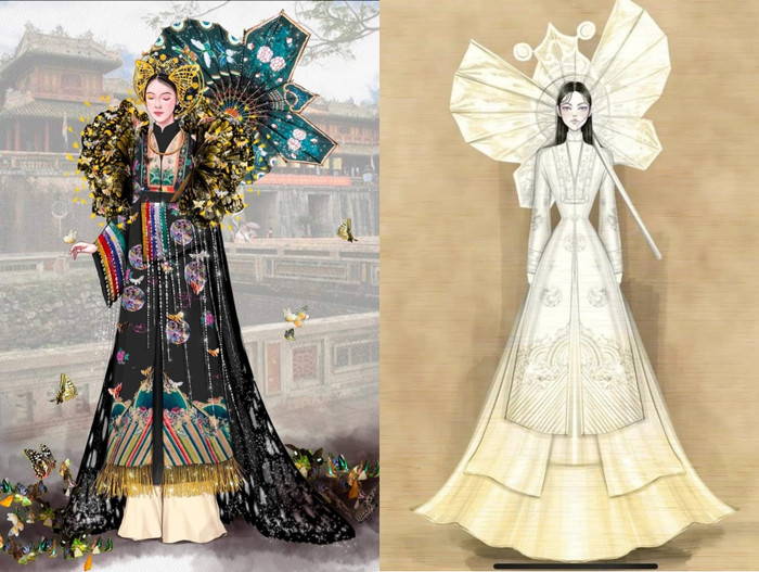 Hai thiết kế bị đăng lên bàn cân để so sánh. Thiết kế của Q.G (trái) - Thiết kế trang phục Thùy Tiên (phải).