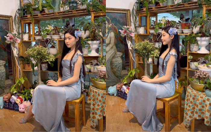 Sắc vóc của con gái Quyền Linh được phô trọn triệt để qua bộ váy ôm sát khoét phần ngực, Cô nàng còn đeo thêm phụ kiện bản to trên tóc. Ảnh: Instagram kieen_tr