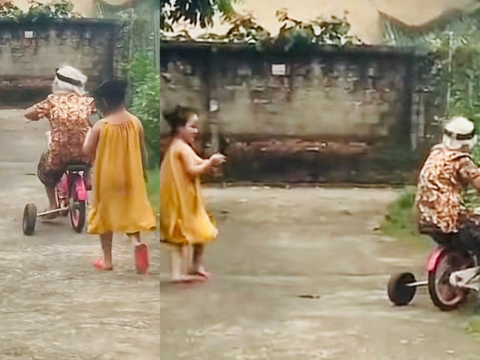 Lát sau, cháu gái hướng dẫn bà chạy xe, thậm chí còn quay lại video clip khiến cộng đồng mạng cười ngất.