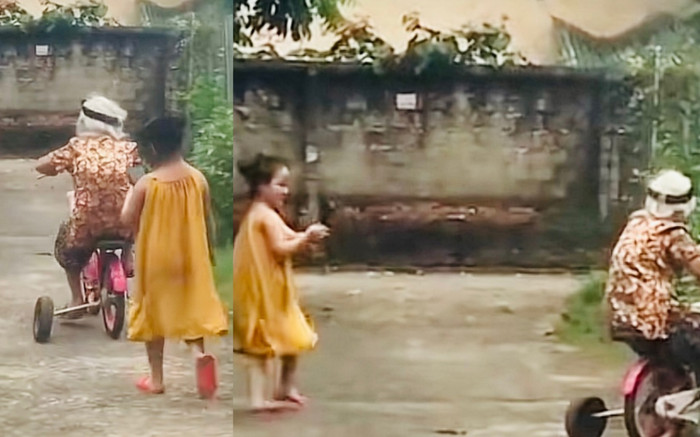 Hài hước khoảnh khắc cụ bà 100 tuổi can đảm ngồi sau 'chiến mã' của búp măng non Ảnh 2