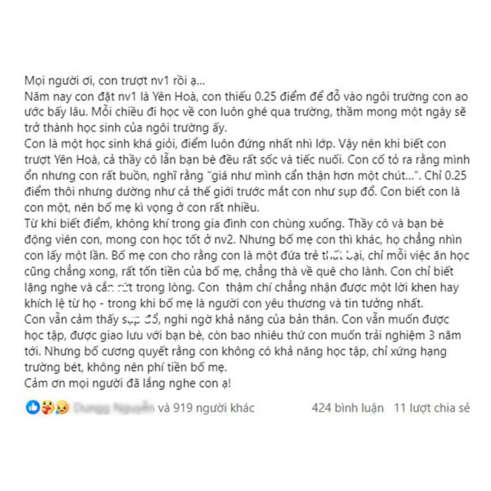 Lời tâm sự của bạn học trò thi rớt lớp 10 nhận được nhiều sự quan tâm của cộng đồng mạng