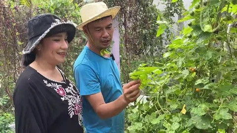 Nam diễn viên dẫn Cát Tường đi khám phá khắp ơi trong vườn nhà.