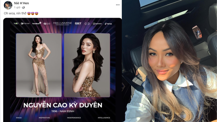 H'hen Niê ngạc nhiên chia sẻ thông tin Hoa hậu Kỳ Duyên ghi danh tại Miss Universe Vietnam 2024. Bên dưới bình luận, nàng hậu cũng gửi gắm lời chúc với Kỳ Duyên rằng: 'Thật tỏa sáng nha Duyên ơi'.