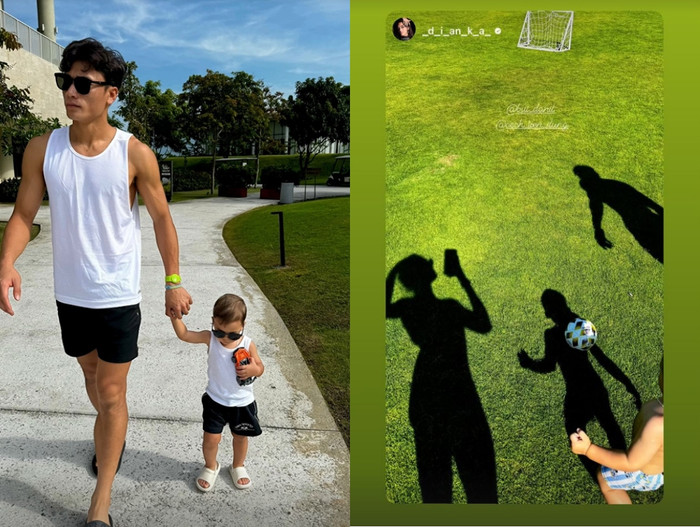 Bùi Tiến Dũng cùng con trai chơi đá bóng. Ảnh chụp màn hình.