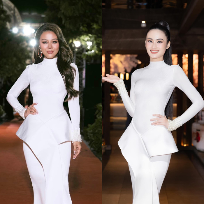 Ý Nhi và Nam Thư vô tình mặc trùng một thiết kế nhưng ai nấy cũng đều thể hiện được vẻ đẹp riêng biệt. 